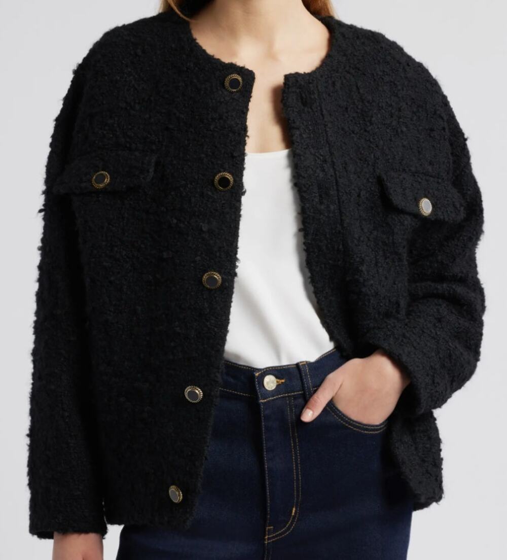Frame Cocoon virgin wool blend boucle black button jacket medium